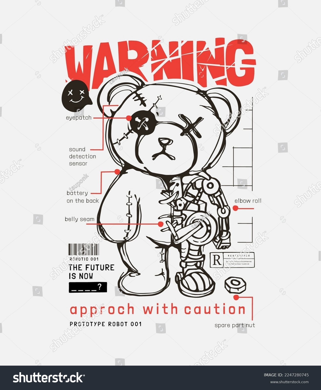 warning slogan with bear doll robot anatomy vector illustration
