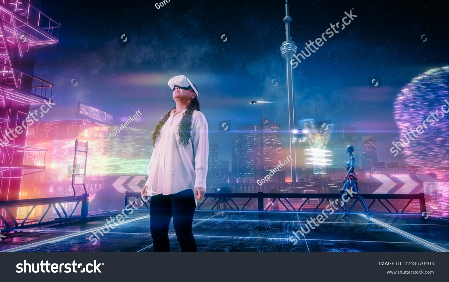 Black Woman Wearing Virtual Reality Headset Enters Metaverse. VR Transformation: Female Looking in Wonder around Immersive 3D Sci-fi City Futuristic Online World with AI Robots Users Fun Adventures