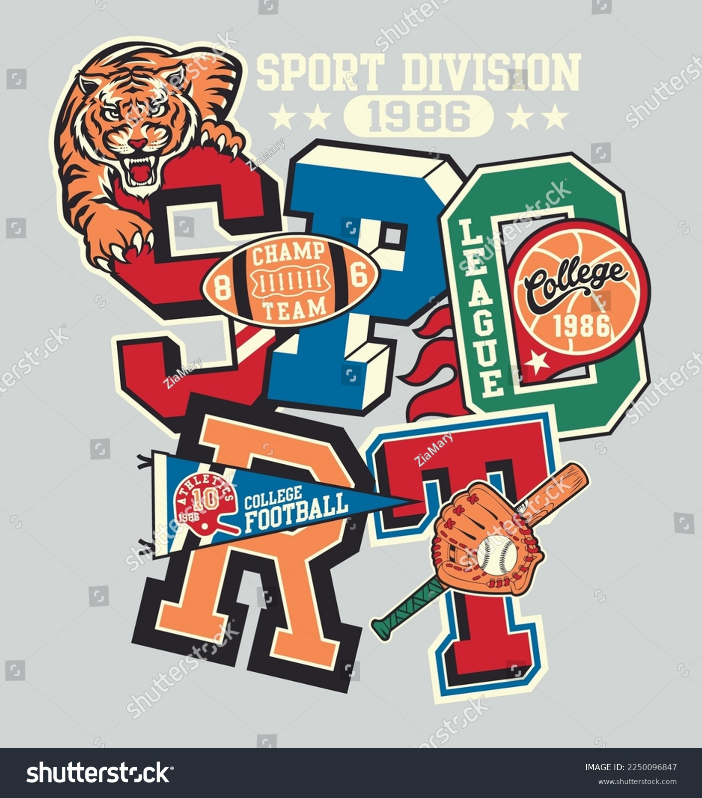 College sporting division sticker patchwork vintage vector artwork for boy shirt athletic patches mix collection