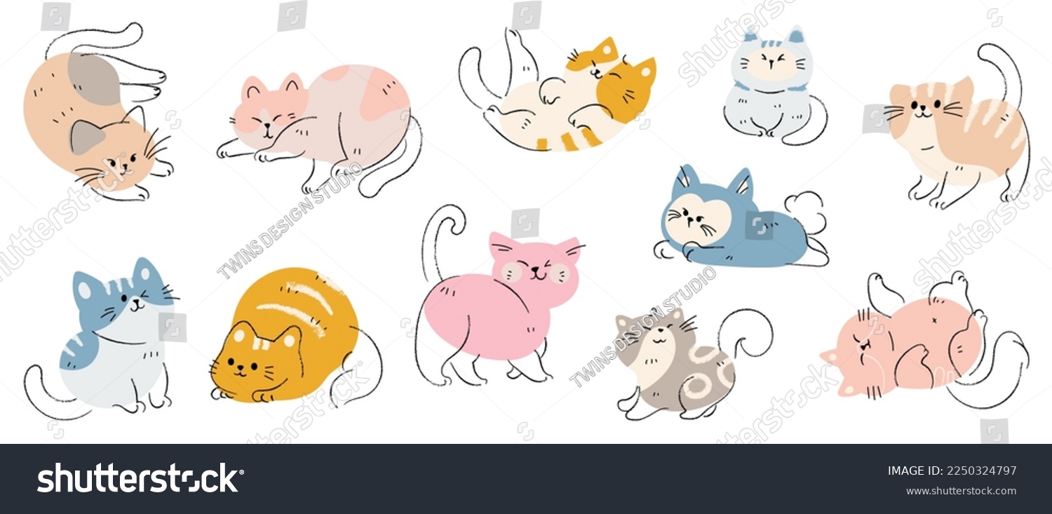 Cute and smile cat doodle vector set. Adorable cat or fluffy kitten character design collection with flat color  different poses on white background. Design illustration for sticker  comic  print.