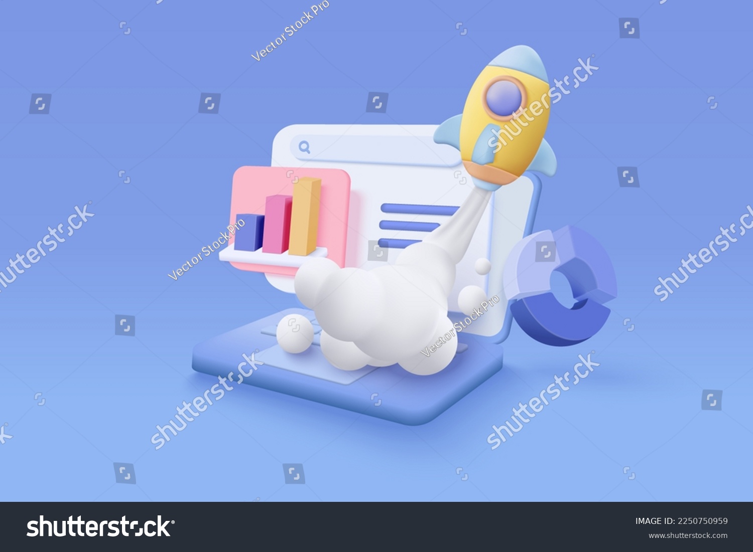 3D SEO optimization with rocket for marketing social media concept. Interface for web analytics strategy and research planing in laptop. 3d seo strategy vector icon render illustration