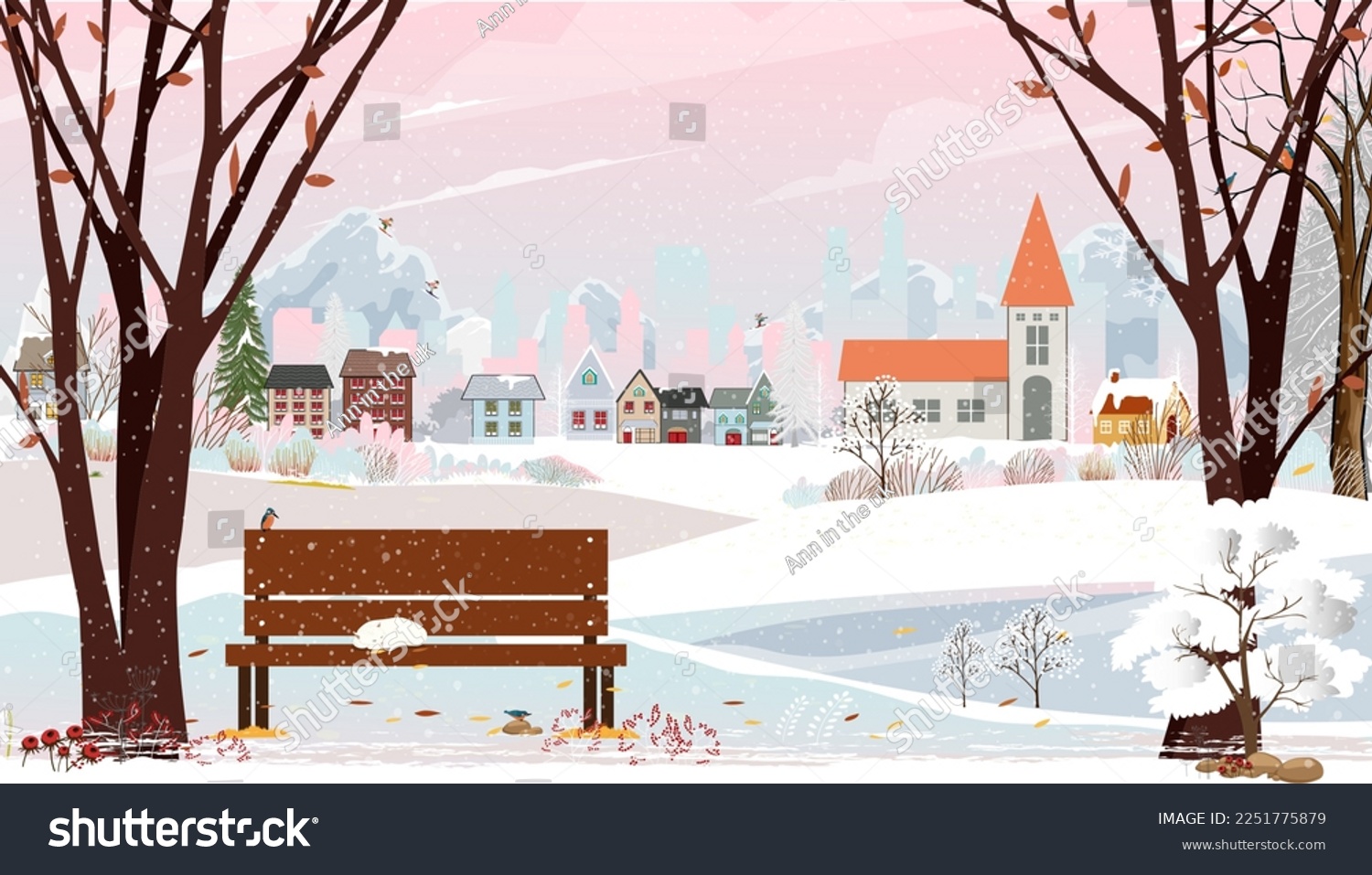Winter landscapes city park with cat sleeping on bench in garden Cute Christmas day in village Vector cartoon horizon backdrop background Winter wonderland with mountain  Cloud and Pink Sky background