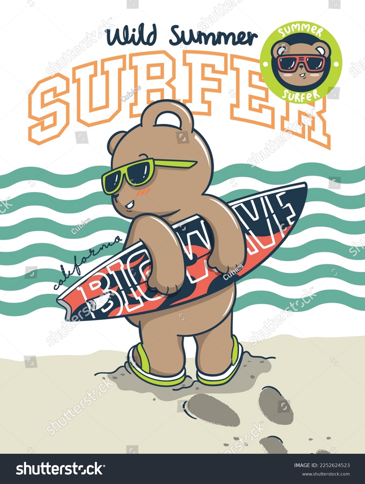 Cool teddy bear boy wearing sunglasses with surfboard on the beach on isolated background illustration  Graphic slogan print  summer cards in vector.
