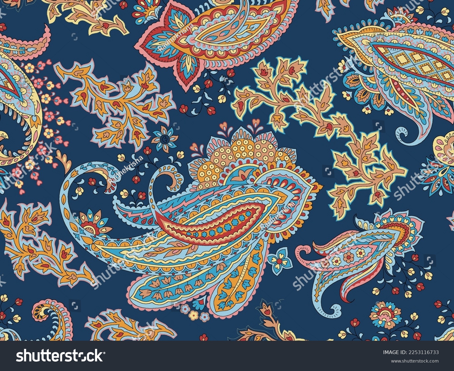 Seamless beautiful ethnic Indian floral Paisley pattern on Navy blue ...