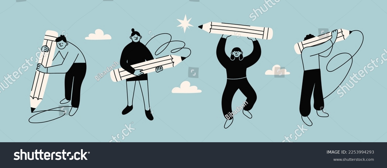 Various people with a giant Pencils. Young person holding pencil. Cute funny isolated characters. Cartoon style. Hand drawn Vector illustration. Drawing  writing  creating  design  blogging concept