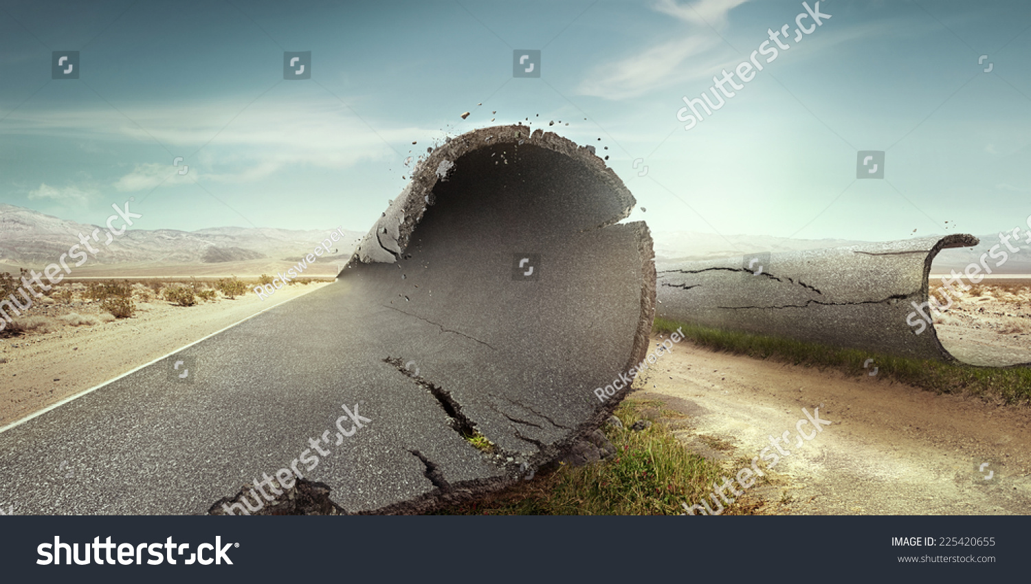 Road parted by a sandy path to the sun. Background