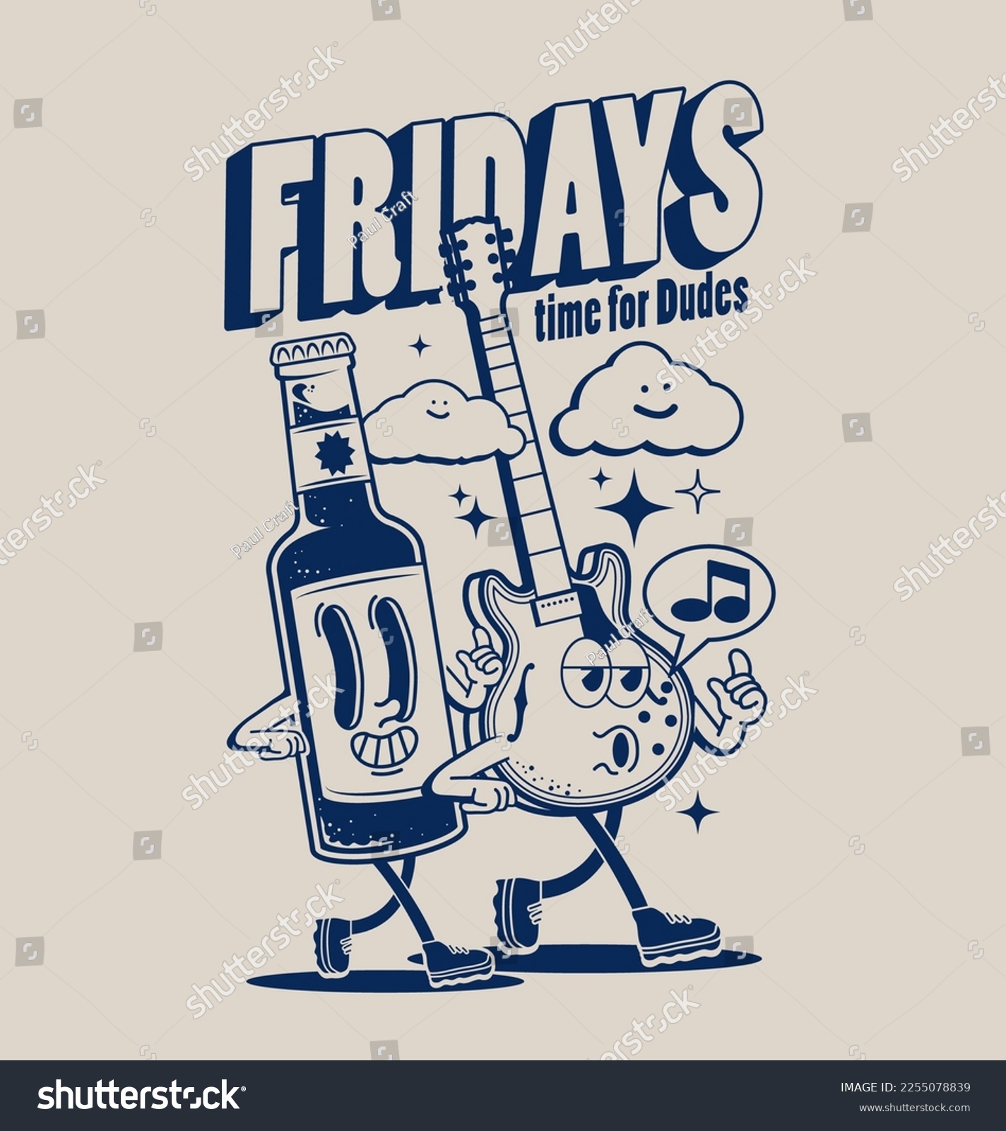 Conceptual illustration of friendship or friends party with vintage characters of walking bottle of beer and electric guitar for poster or party flyer or t-shirt design isolated on light background.