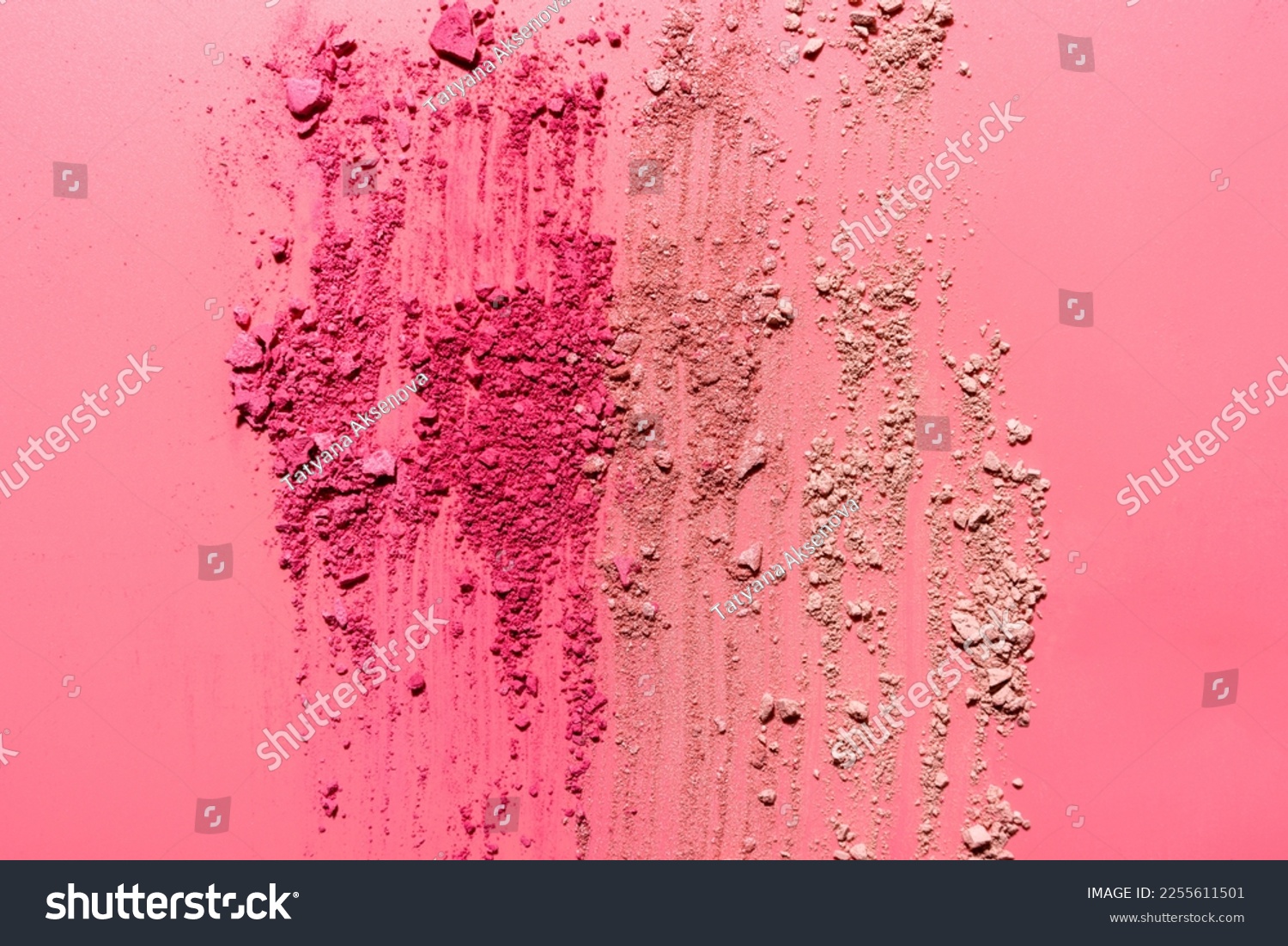 Abstract composition made from crushed face powder and blush on pink background