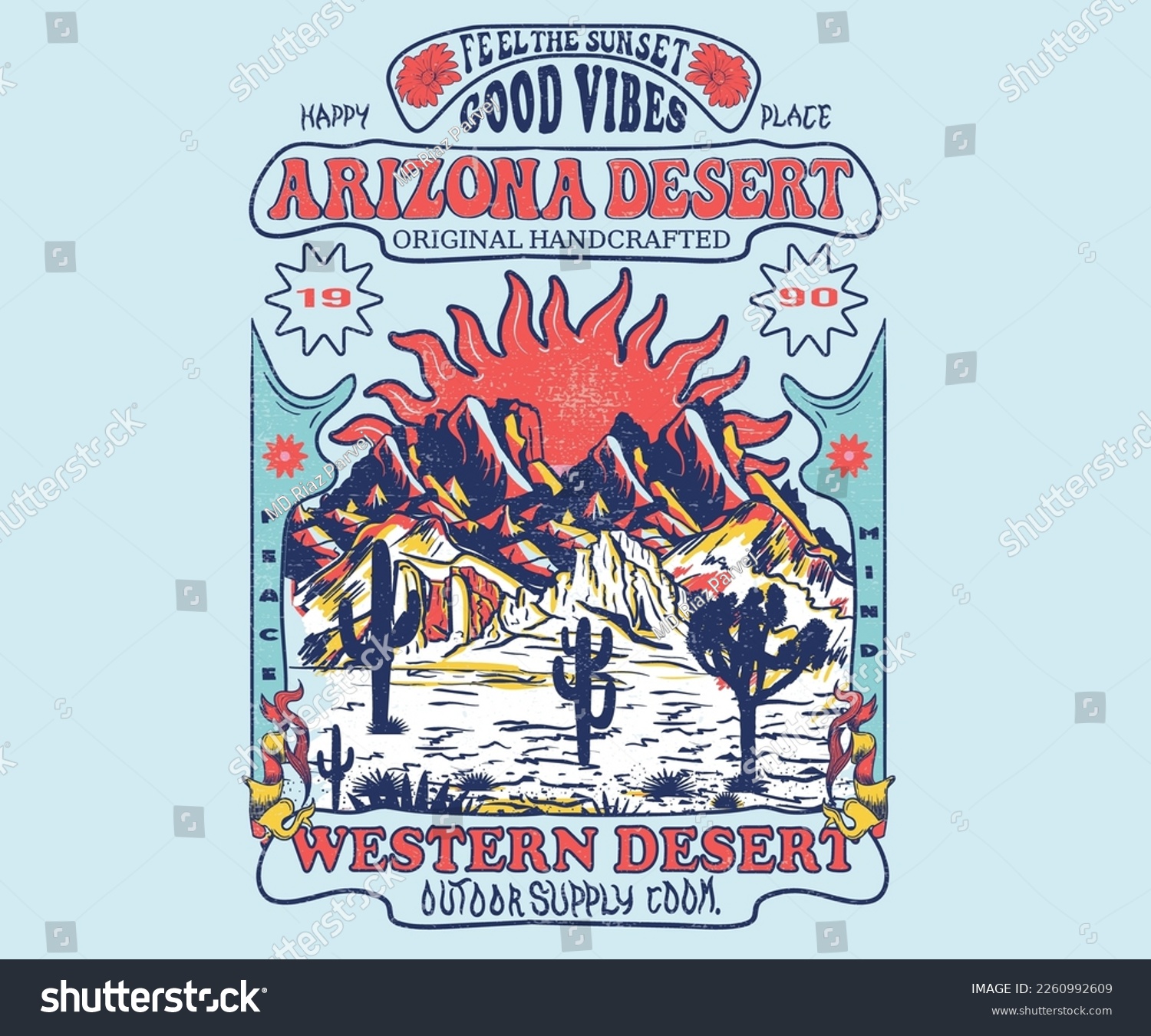 Desert vibes graphic print design for apparel  stickers  posters and background. Flower  cactus  Joshua tree artwork. Feel the desert sunset. Arizona vector print design for t shirt and others. 