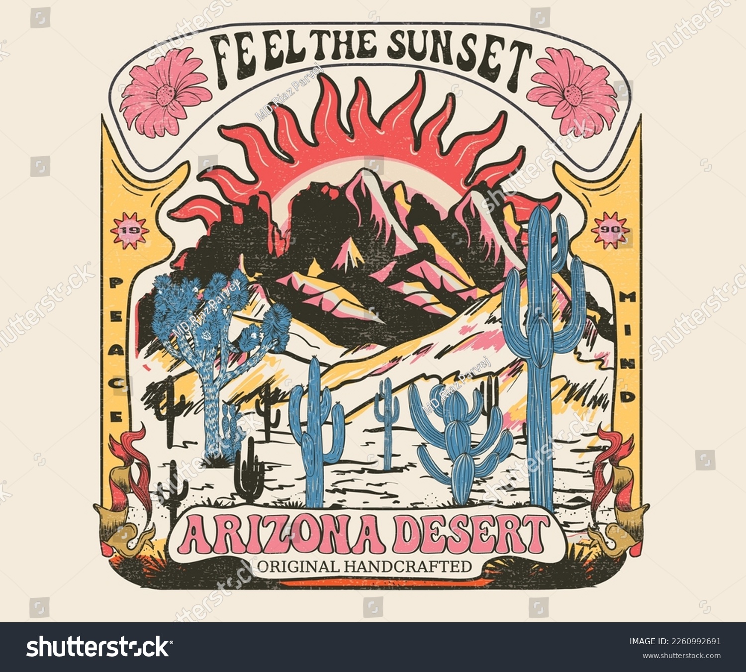 Feel the desert sunset. Arizona desert vector print design for t shirt and others. Desert vibes graphic print design for apparel  stickers  posters and background. Flower  cactus  Joshua tree artwork.