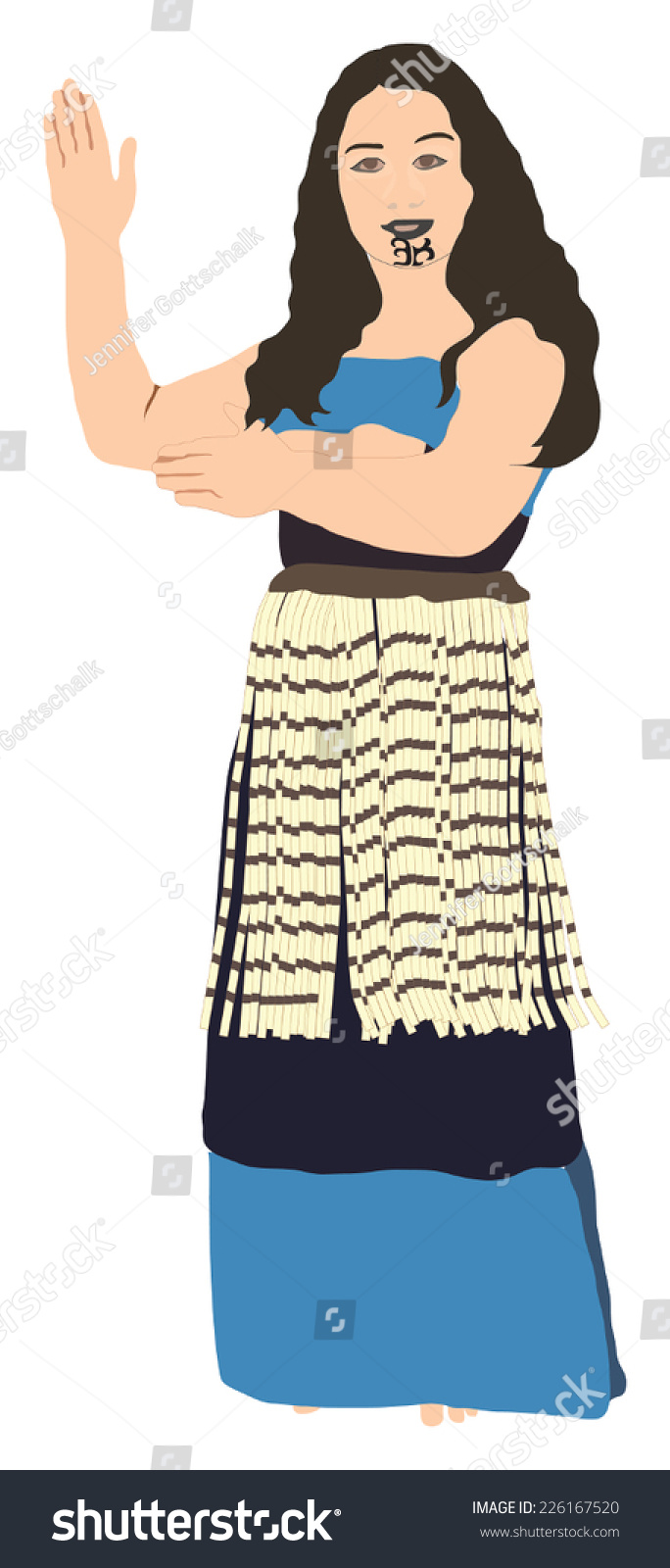 Dancing Maori woman / girl in traditional dress (isolated illustration)