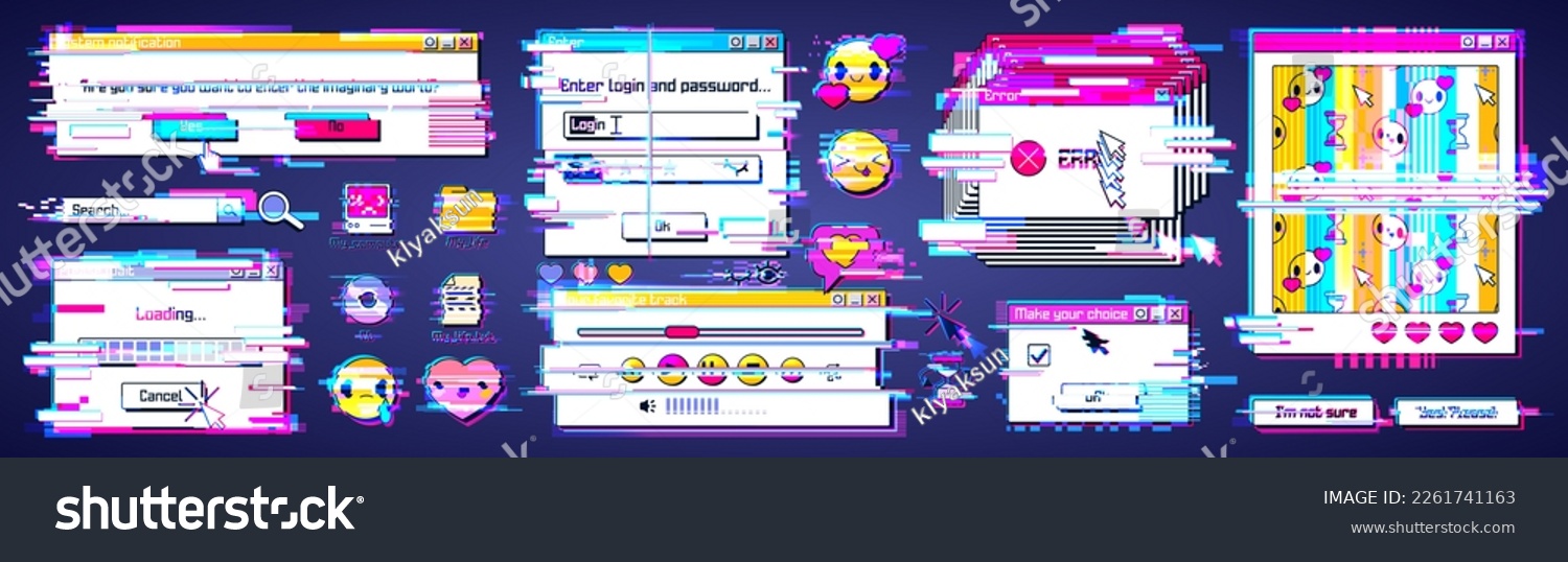 Glitch in retro computer system. Vector illustration of distorted 90s style software windows  error warning  loading progress bar  login box  online game  emoji  folder and file icons on desktop