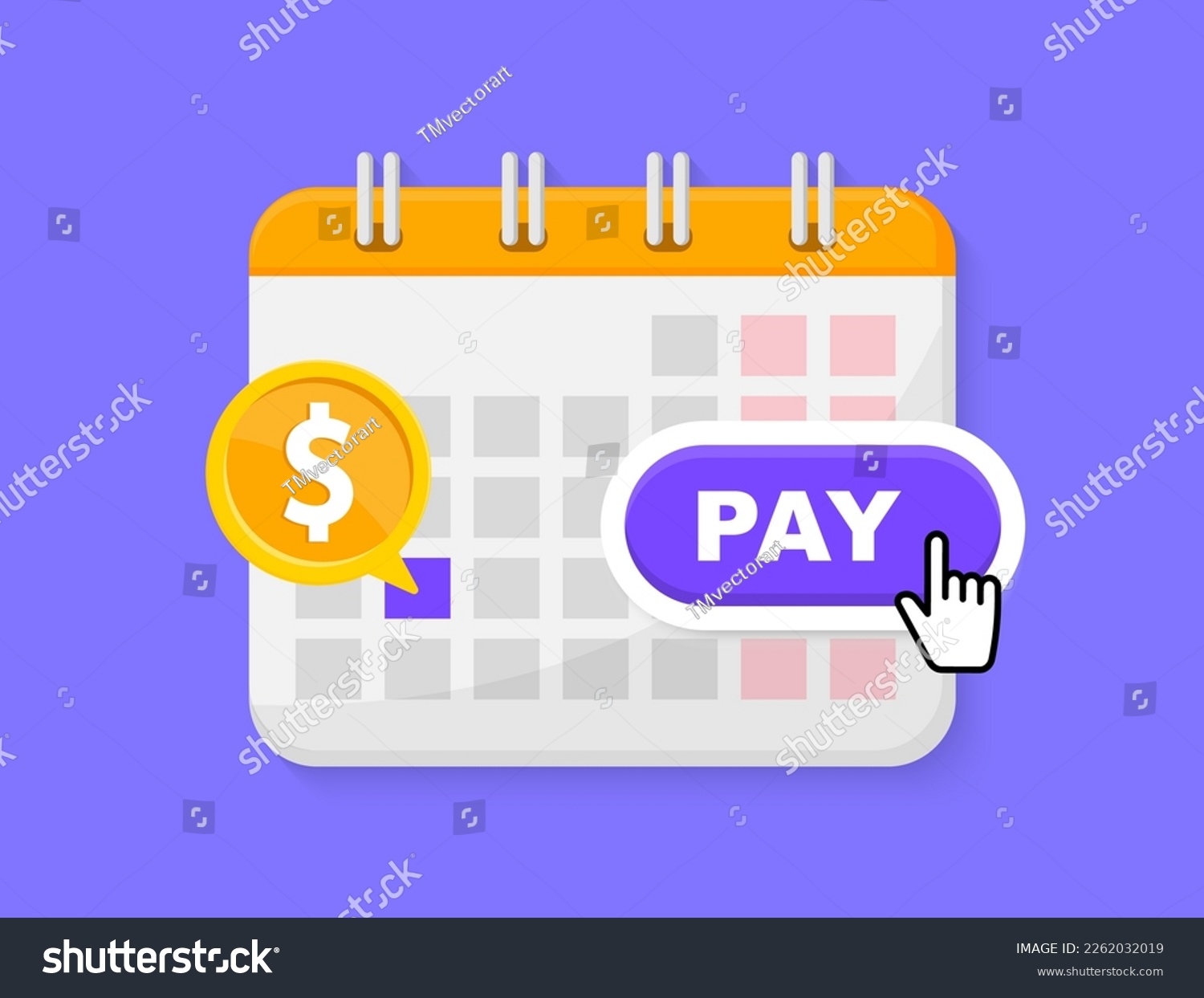 Payment date in calendar. Subscription payment. Monthly payment date. Flat calendar with button pay. Tax pay scheduled on calendar. Regular payments online. Vector illustration.