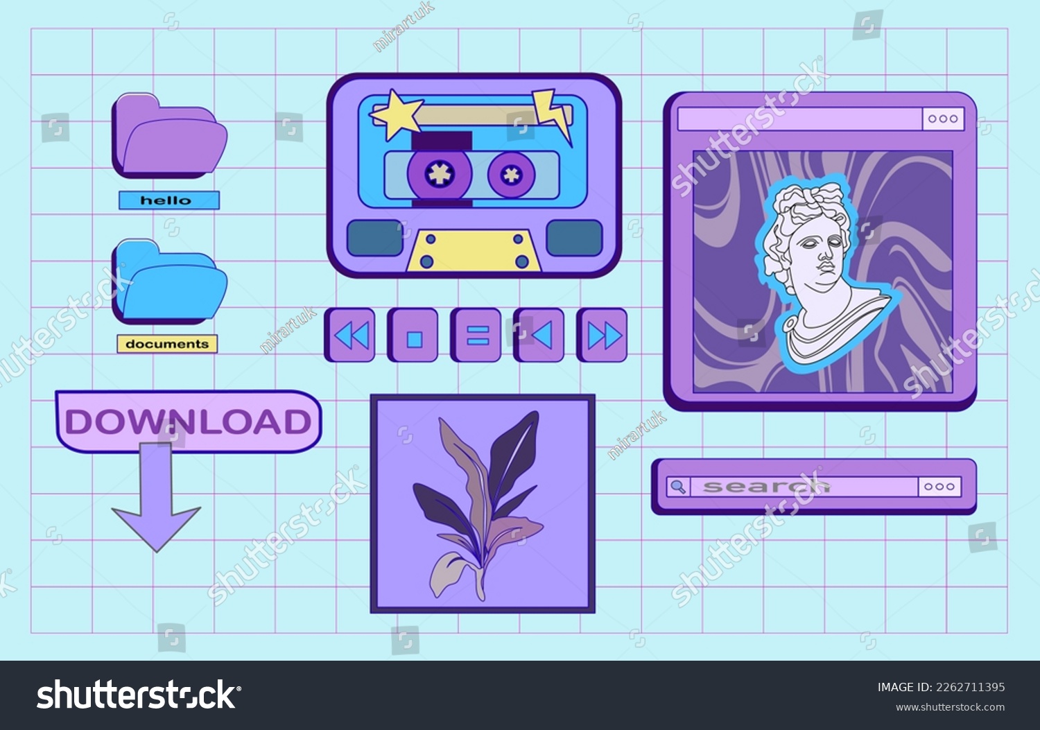 Cute Retro Vaporwave Desktop with Message. retro browser computer window in 90s vaporwave with geek stickers. Y2k aesthetic background for social media  with pc message box.  Illustration of UI and UX