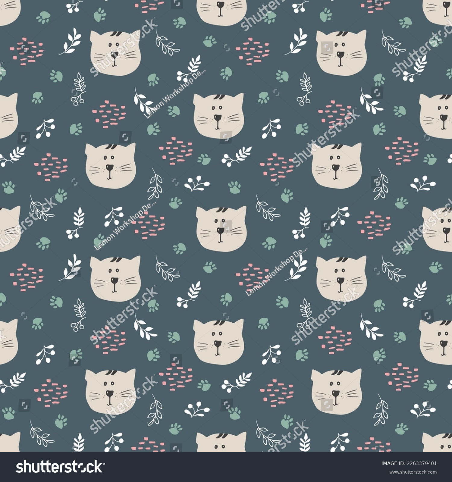 Cute Cat Seamless pattern. Cartoon Animals in forest background. Vector illustration.