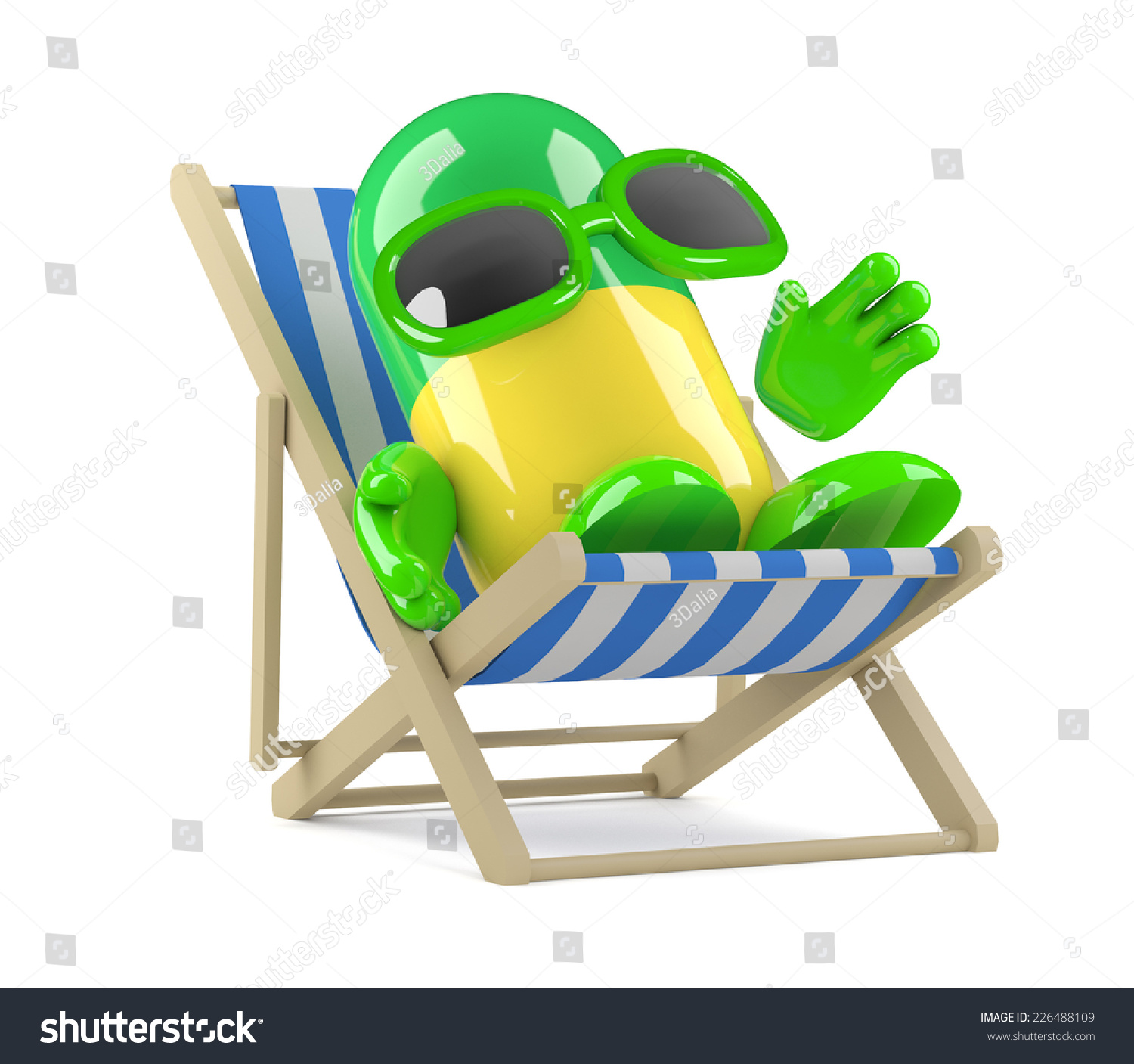 3d render of a pill character sunbathing in a deck chair