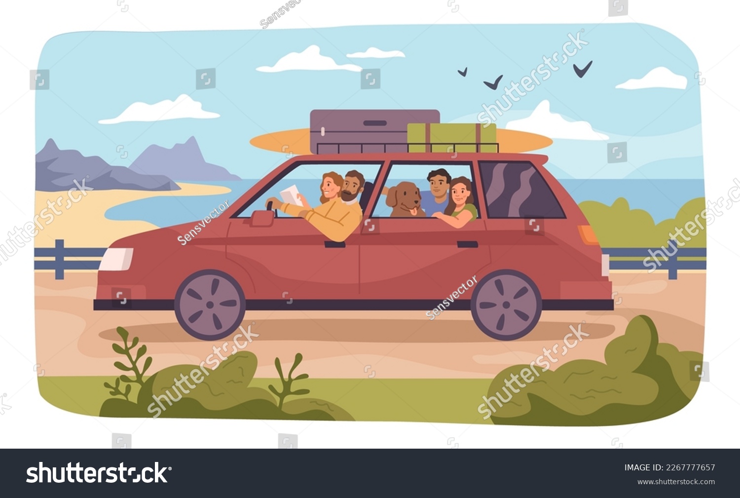 Family or friends traveling on car  people with baggage and dog pet riding on road. Summer vacation or weekends  driving along beach. Vector in flat style