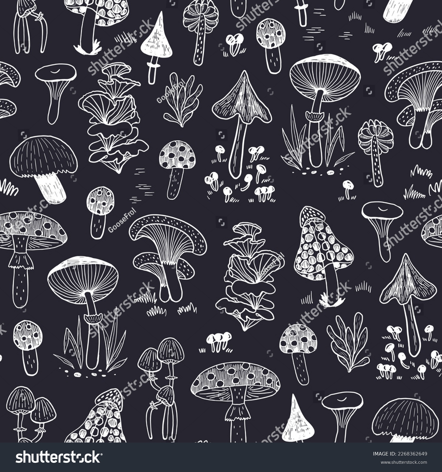 Mystical nature forest mushrooms seamess pattern.