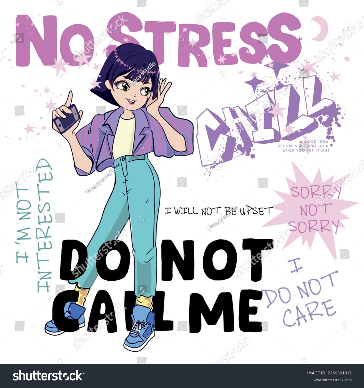 Anime Girl illustration with slogan. Vector graphic design for t-shirt. Cute girl drawing. No stress. 