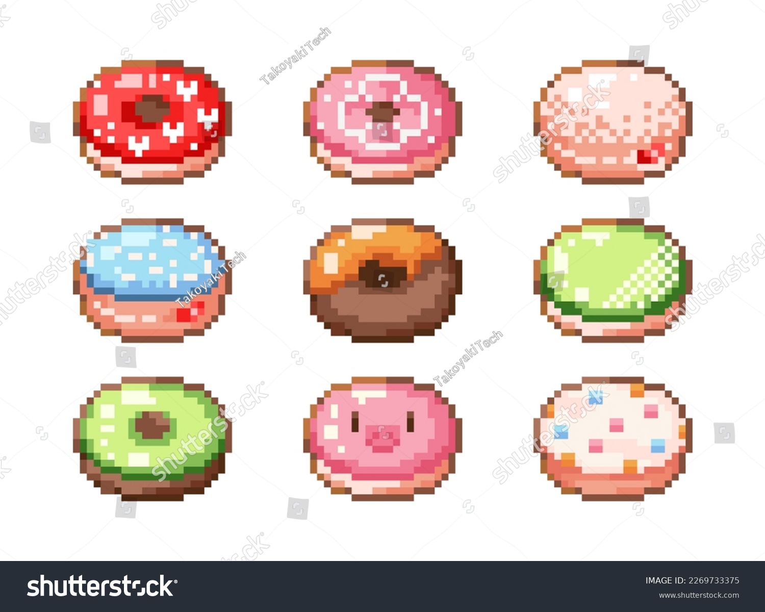 Pixel art donuts. Set of 8 bit colorful icons of donuts for web design and decorative stickers. Video game style food icons of sweet snacks. Pixel doughnut rings with chocolate and cream.