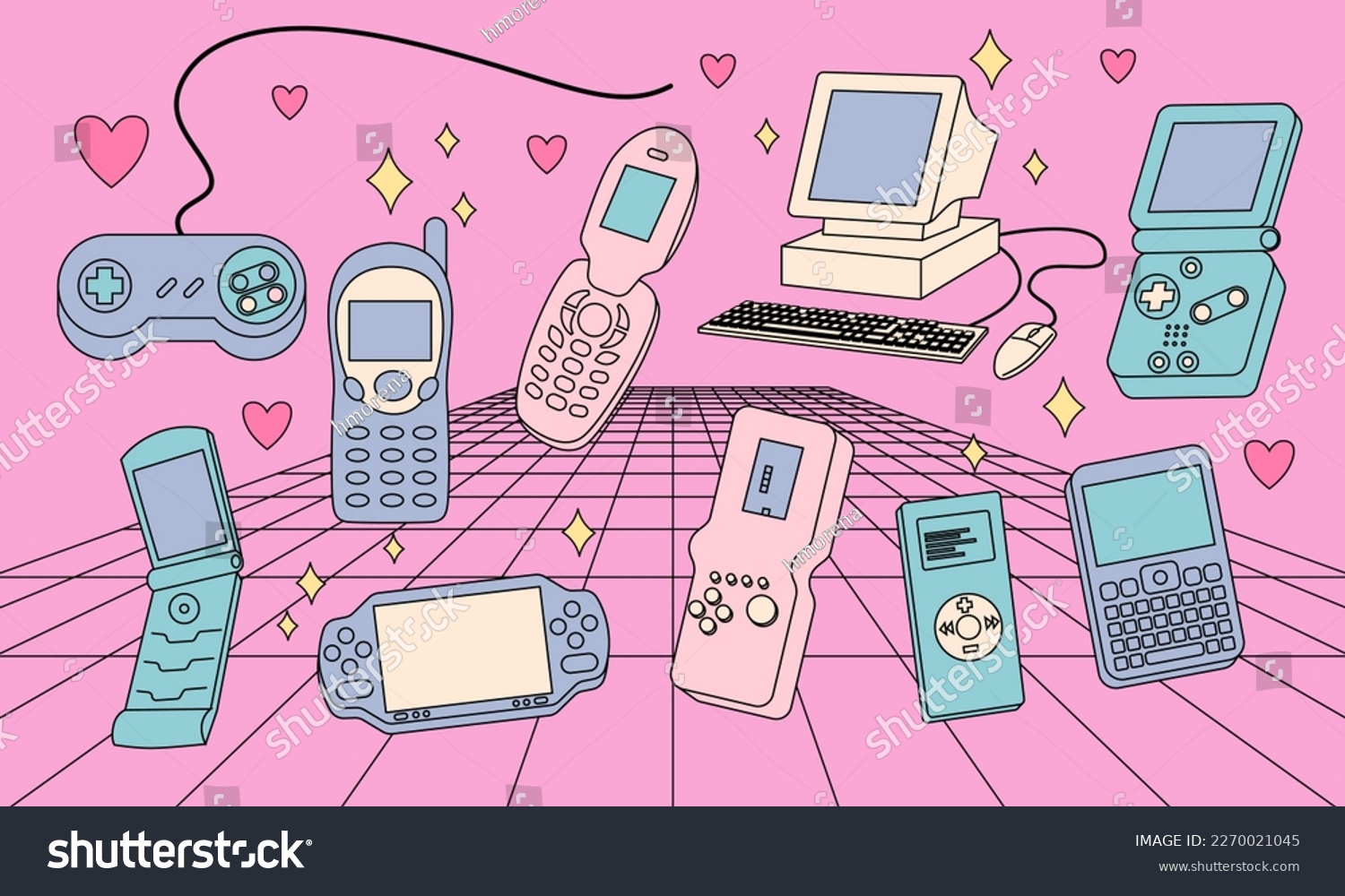 Set of retro games  consoles  mp3 player  flip phone  computer. 2000s style technology. Old style gadgets. Nostalgia set of 1990s  2000s electronics devices. Y2K and retrowave style illustration