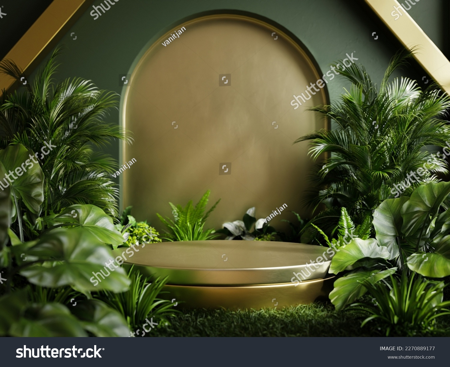 Gold podium in tropical forest for product presentation.3d rendering