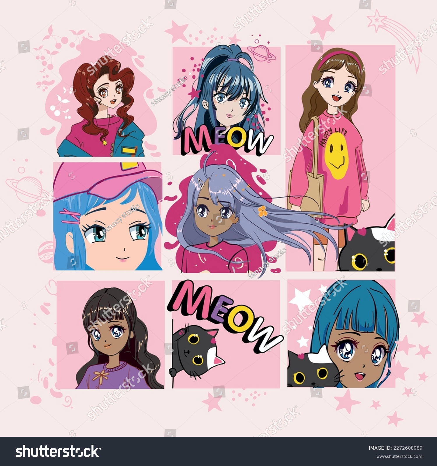 Anime Girl illustration with cat and slogan. Vector graphic design for t-shirt. Girls drawing. Cute girl and cats poses.