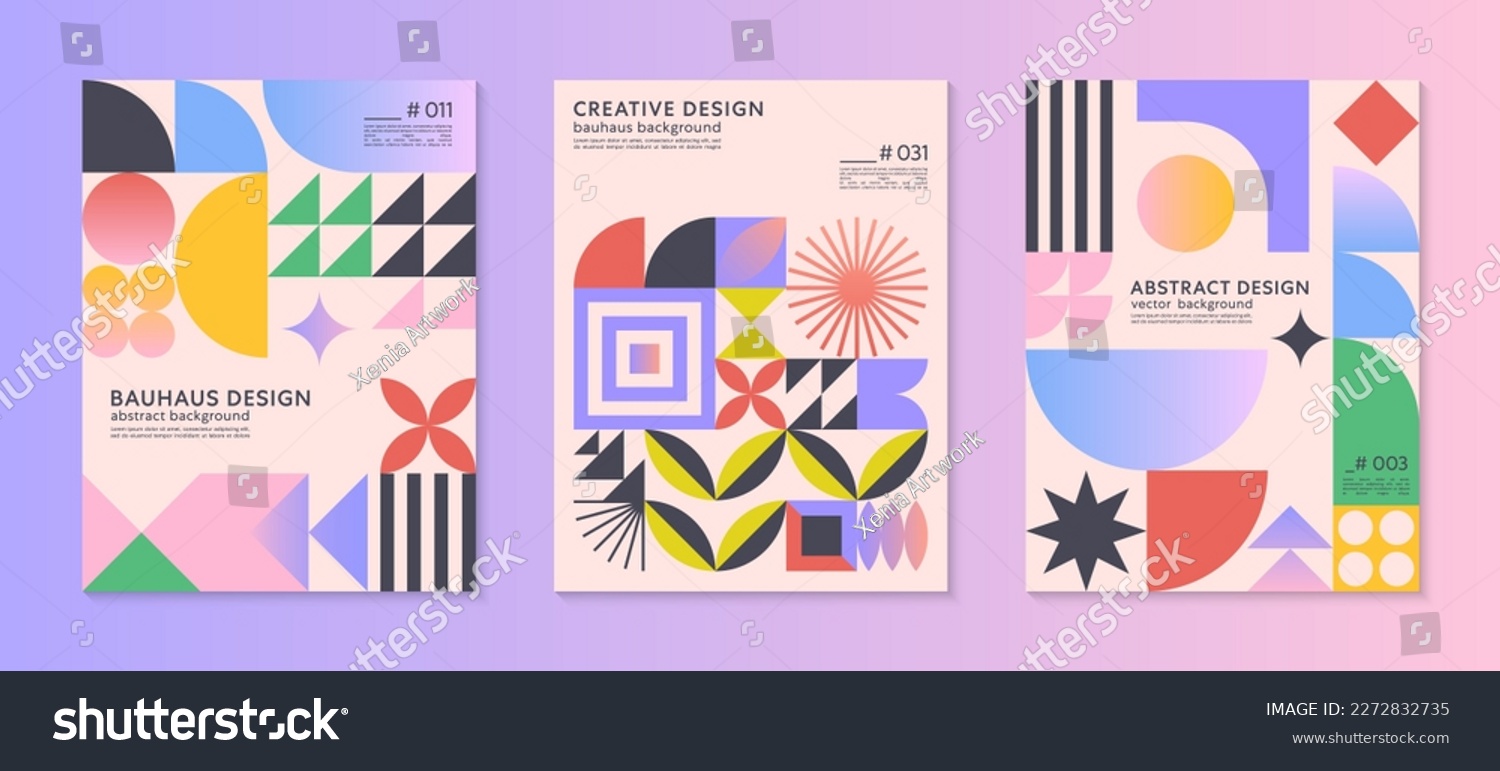 Abstract bauhaus geometric pattern backgrounds with copy space for text.Trendy minimalist geometric designs with simple shapes and elements.Modern artistic vector illustrations.