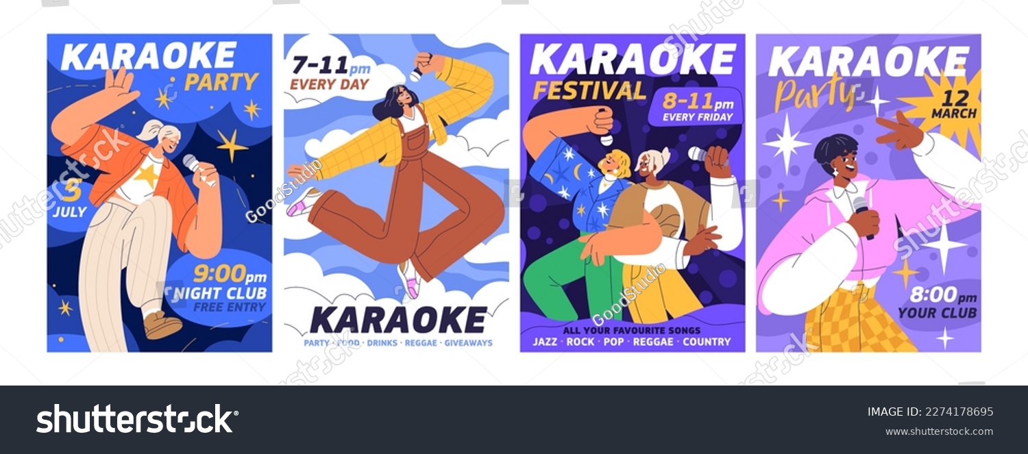Karaoke  music party posters designs set. Vocal event  song festival  live concert in night club  flyers backgrounds templates. Vertical promotion banners with girls singing. Flat vector illustrations