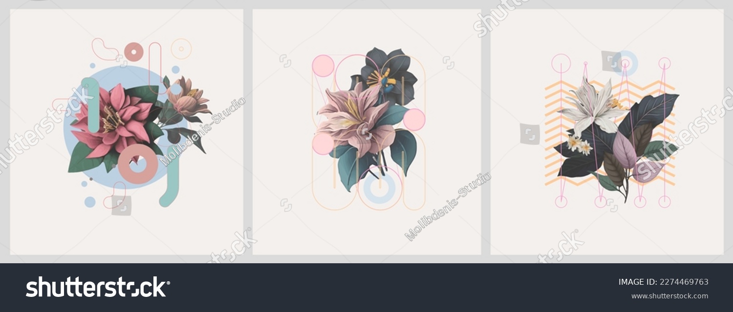Abstract minimalist Art. Mixed style  geometric shapes and plants. Flowers  leaves. Set of vector paintings. Bauhaus. Backgrounds for poster  banner  print. 