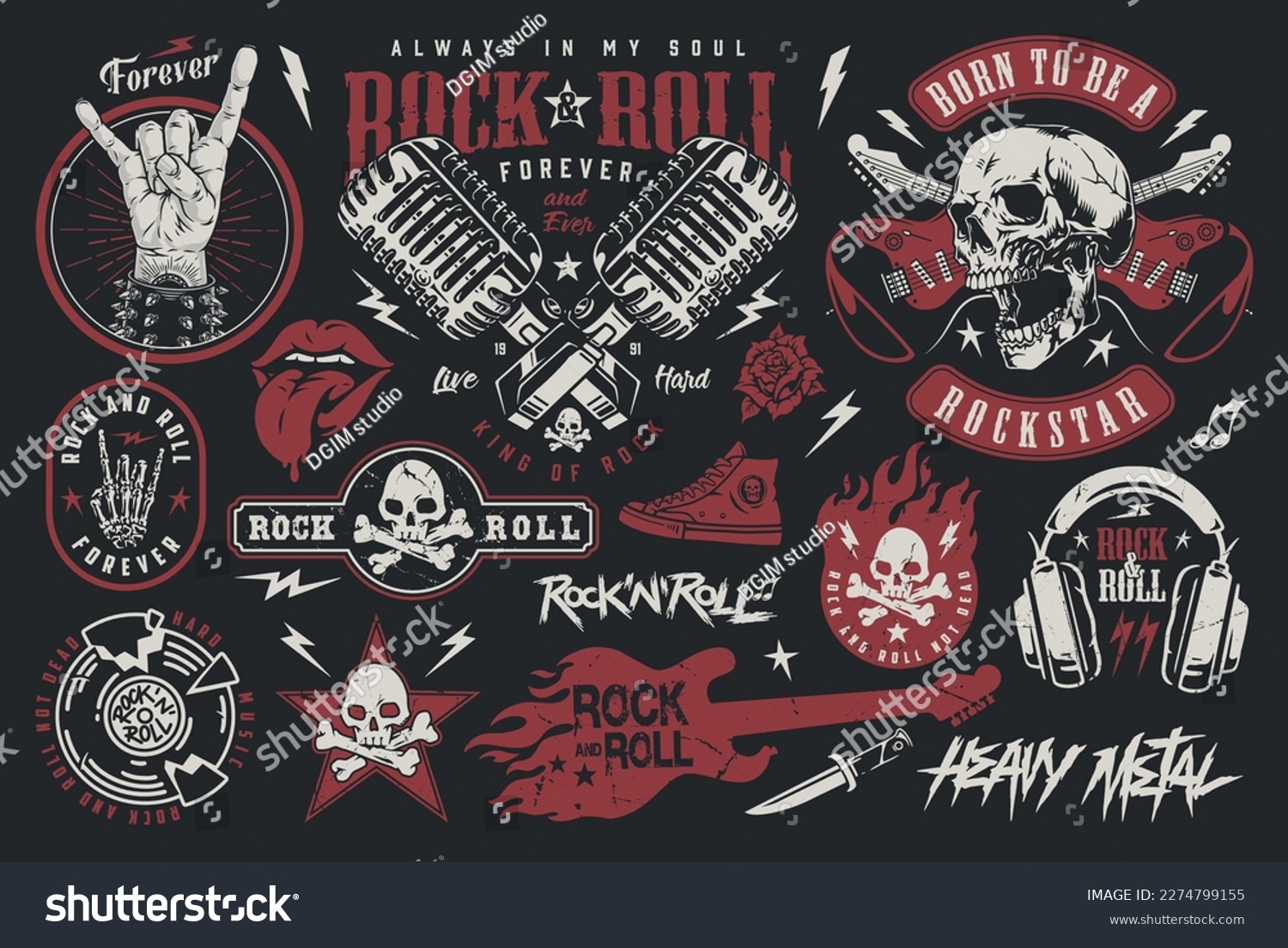 Rocknroll music set colorful labels with microphones or guitar and ...