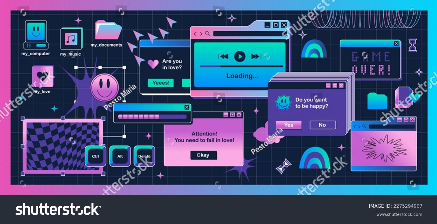 The screen of an old retro PC in the y2k style. Background retro wave and vapowave. Purple vintage computer interface