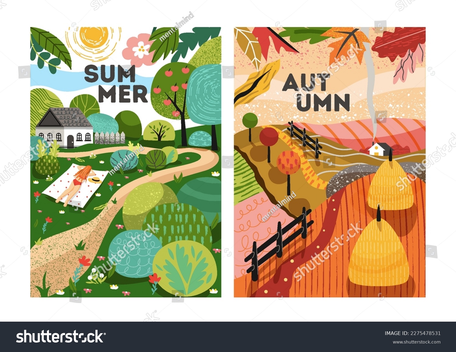 Summer and autumn landscape. Collection of covers for website. Countryside and village in fields  garden. Hot and windy weathers. Cartoon flat vector illustrations isolated on white background