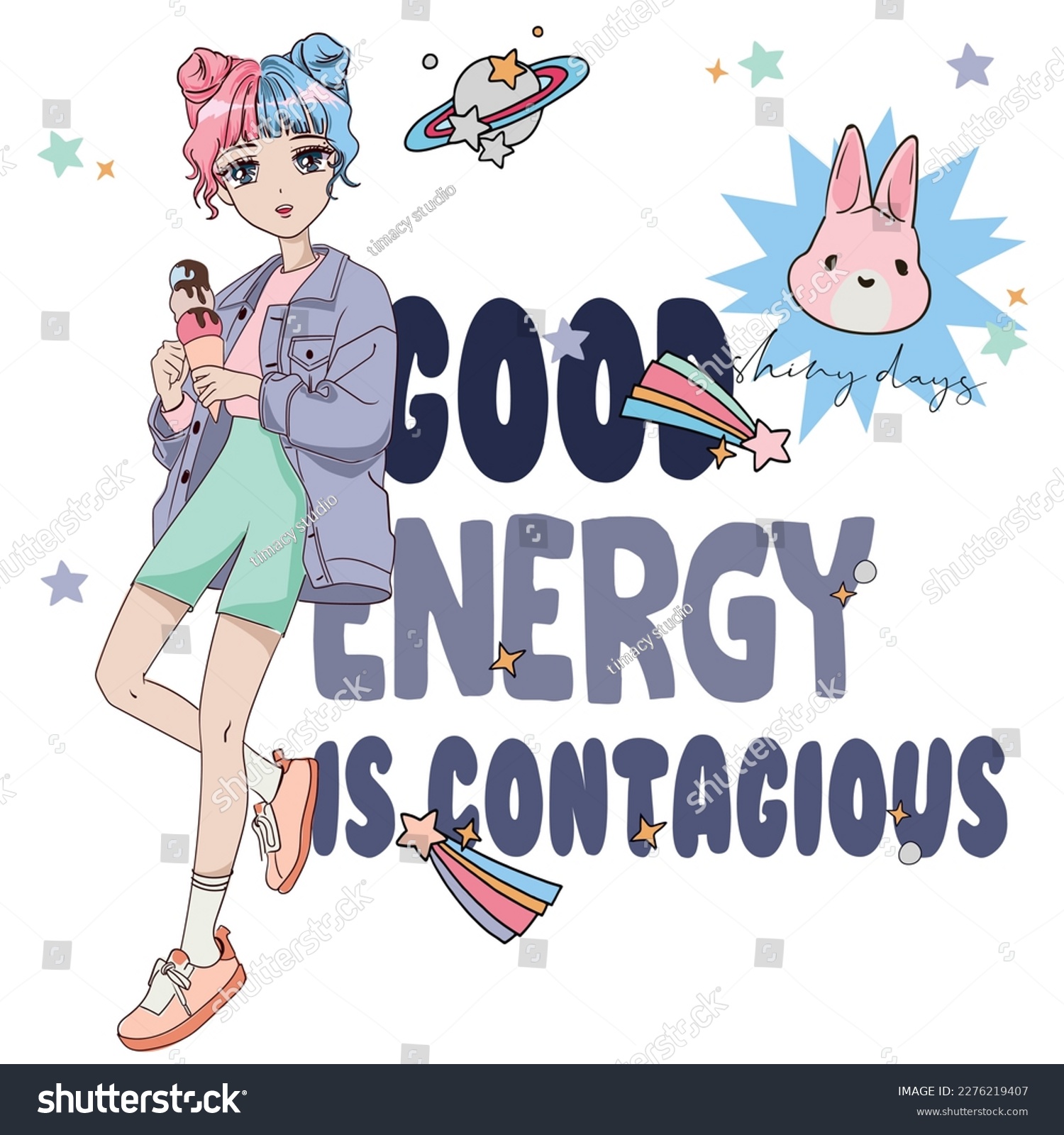 Anime Girl illustration with slogan. Vector graphic design for t-shirt. good energy girl drawing. pastel color girl illustration.
