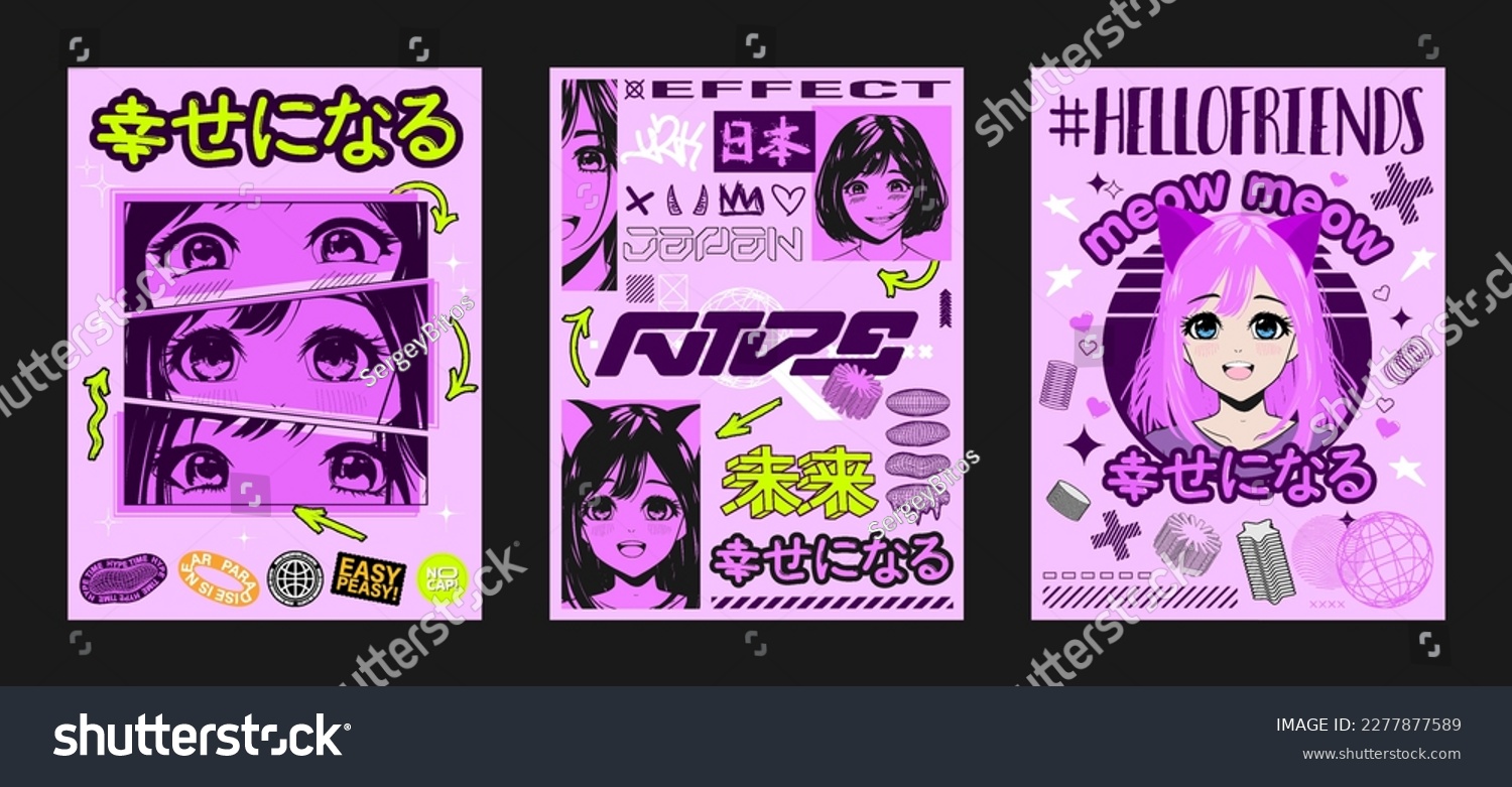 Anime posters  manga prints for typography with girls faces and y2k elements. Japanese slogan text with abstract shapes. Anime  manga  asian girls illustration for t-shirt  typography  streetwear.