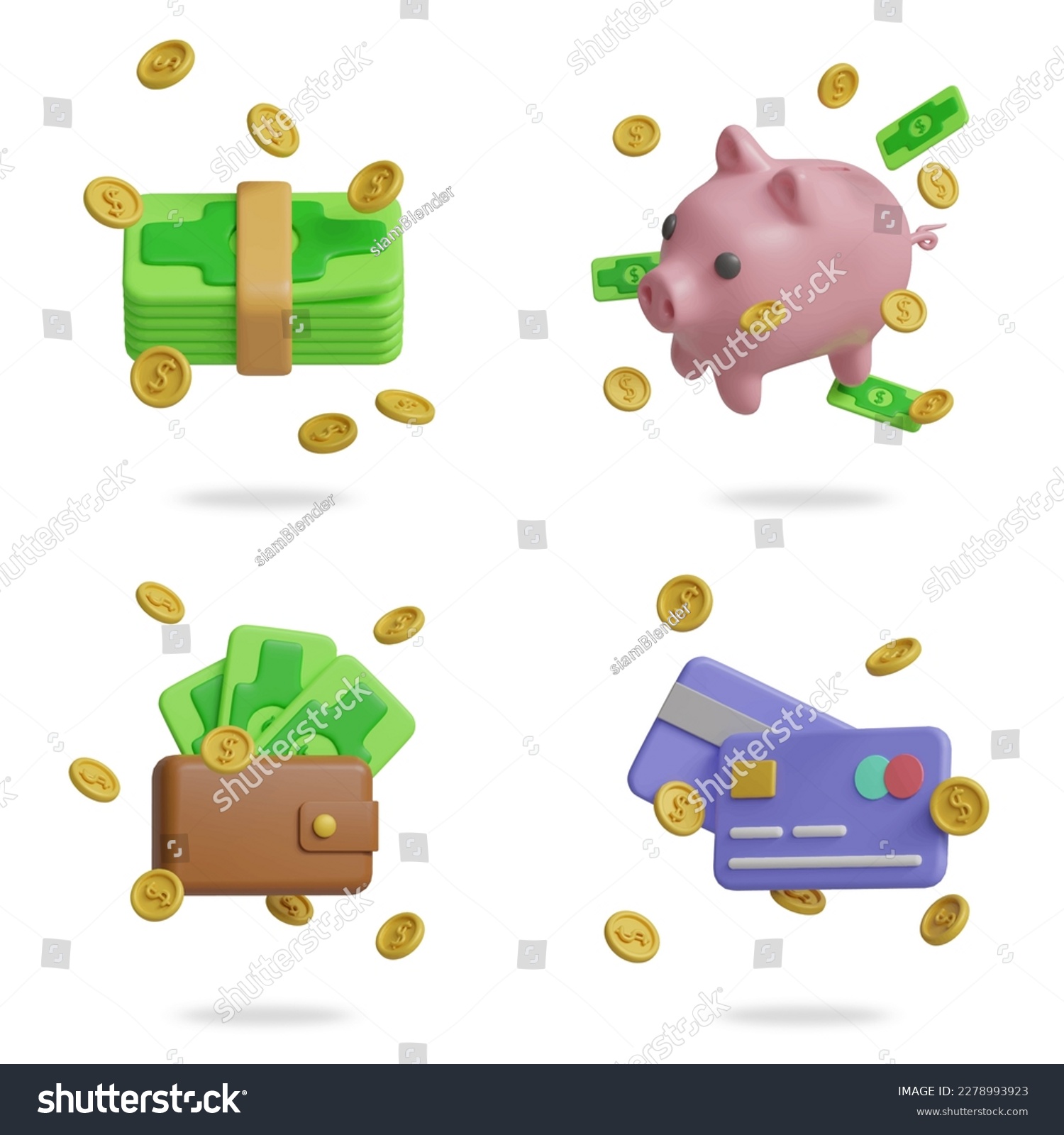 wealthy finances 3D vector icon set.
money banknote piggy bank wallet credit card