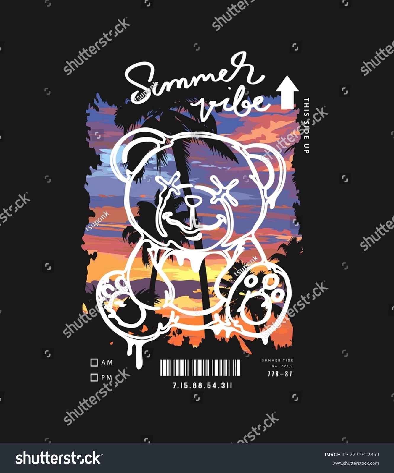 typography slogan with cartoon bear doll on sunset sky vector illustration