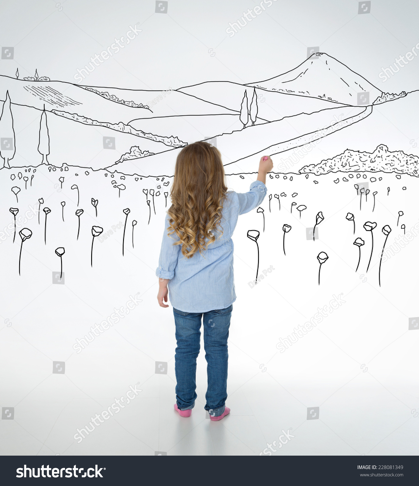 little child draws nice and detailed nature sketches