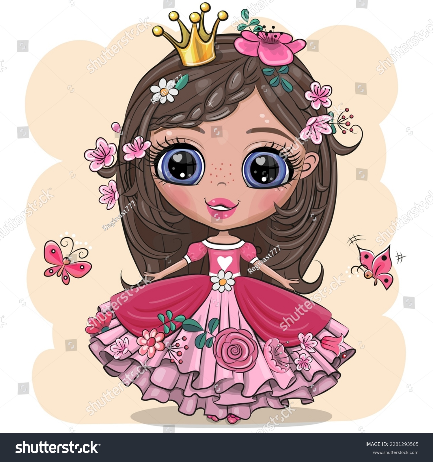 cutecartoonlittleprincessinapinkdresswithflowersonayellowback
