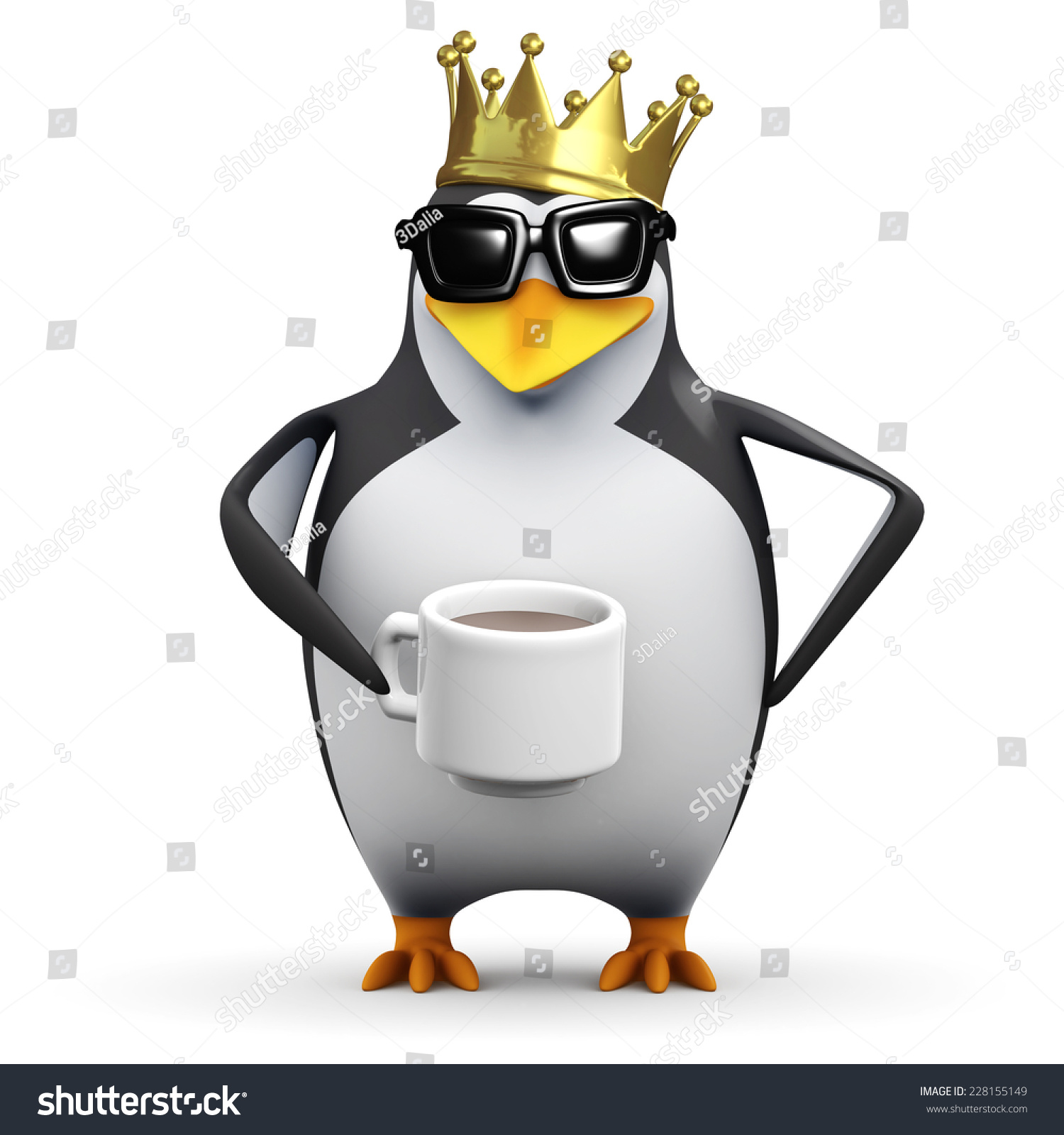 3d render of a penguin in a gold crown holding a mug of coffee