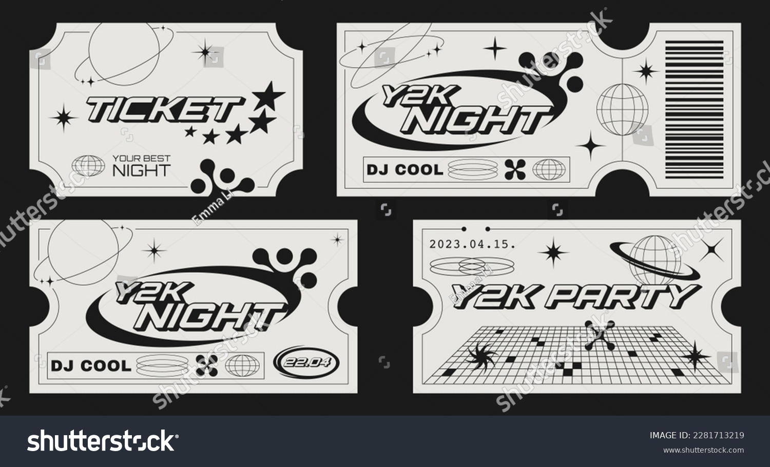 Retro party tickets template with futuristic elements. Y2k aesthetic design.	
