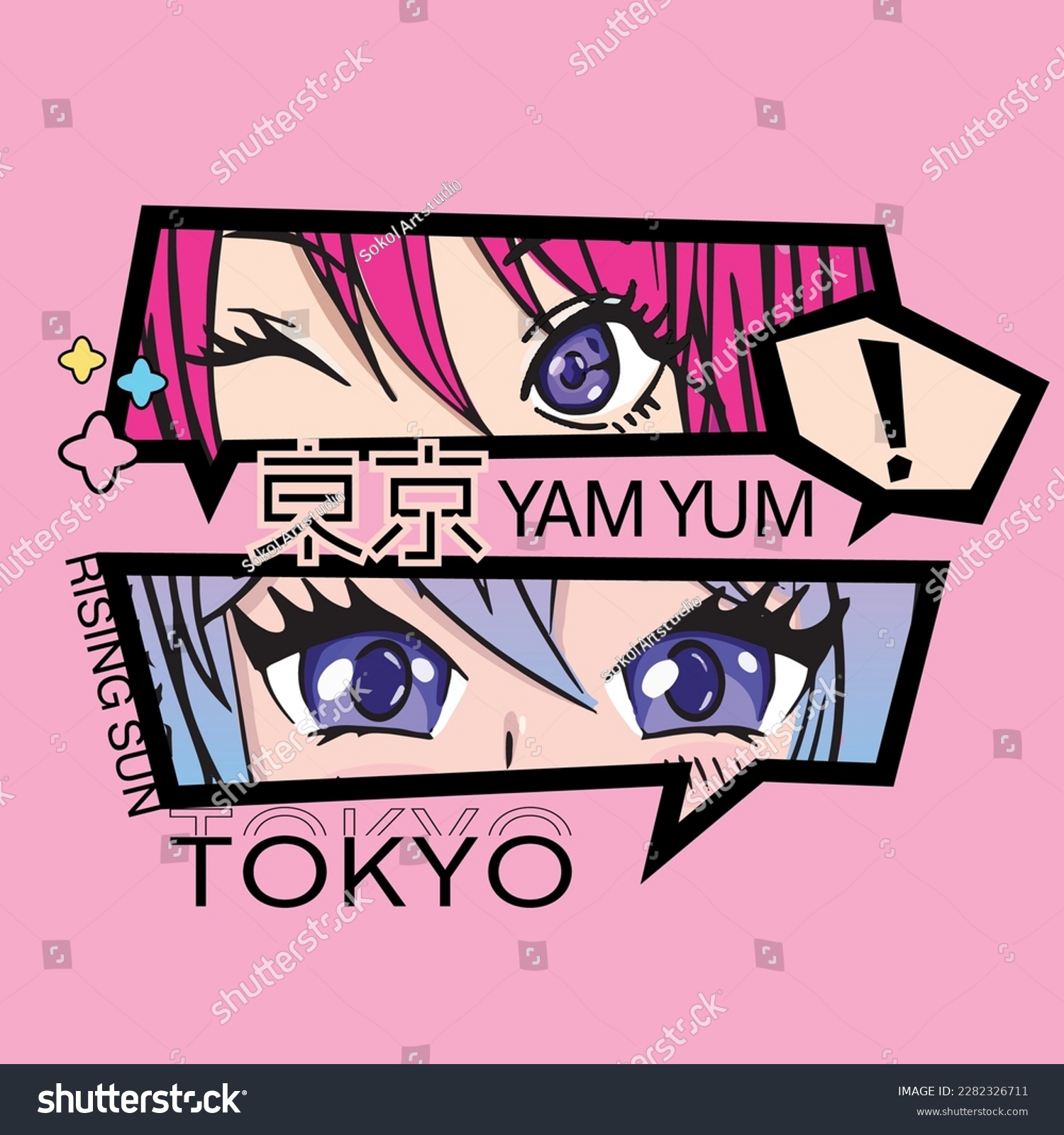 T shirt design Anime girl with big eyes and pink hair. Fashionista poster.
