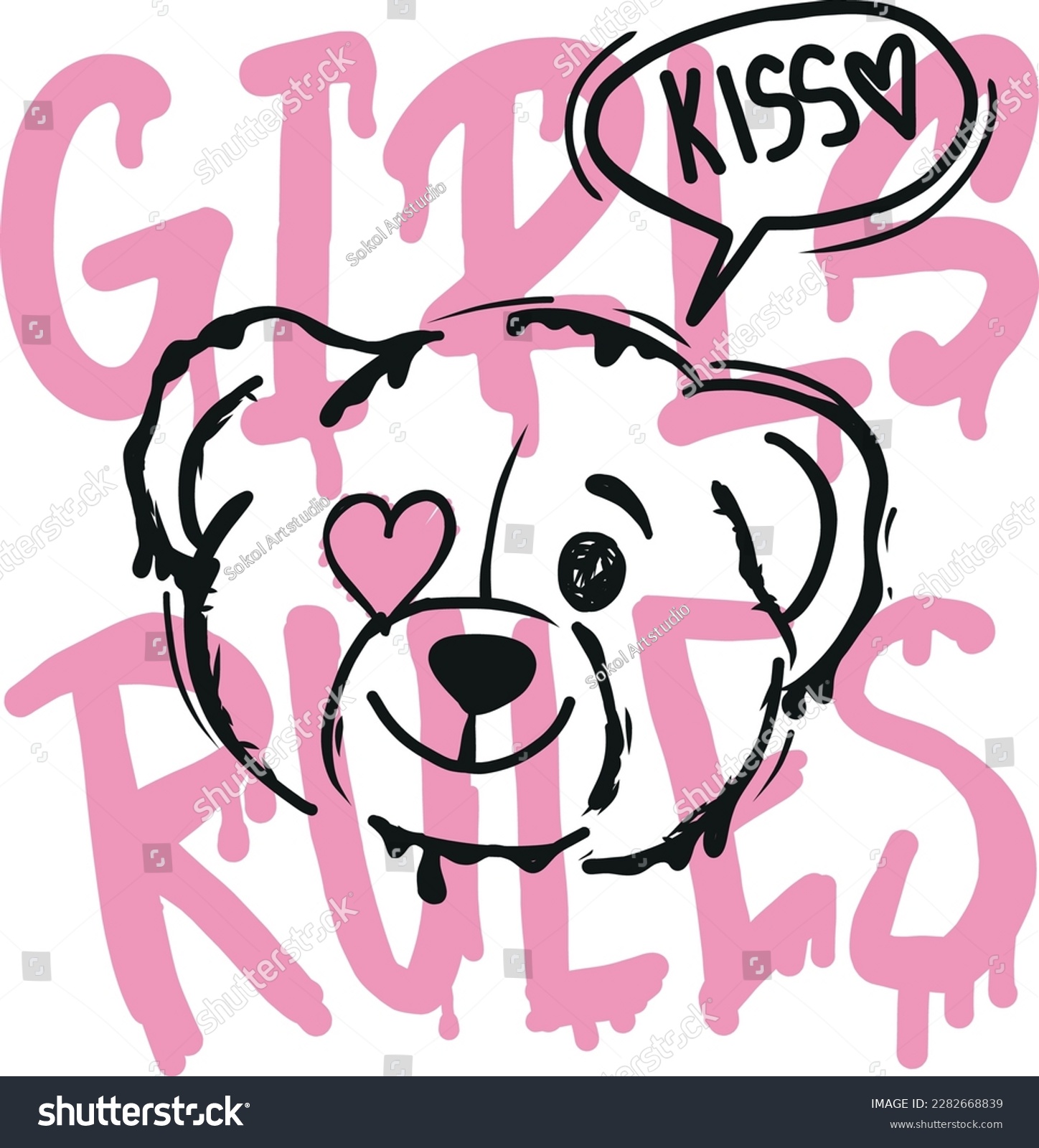 . typography Girls print with slogan and teddy bear. hand drawn toy bear  cute girls vector background for graphic tees  kids wear. apparel  surface print and more
