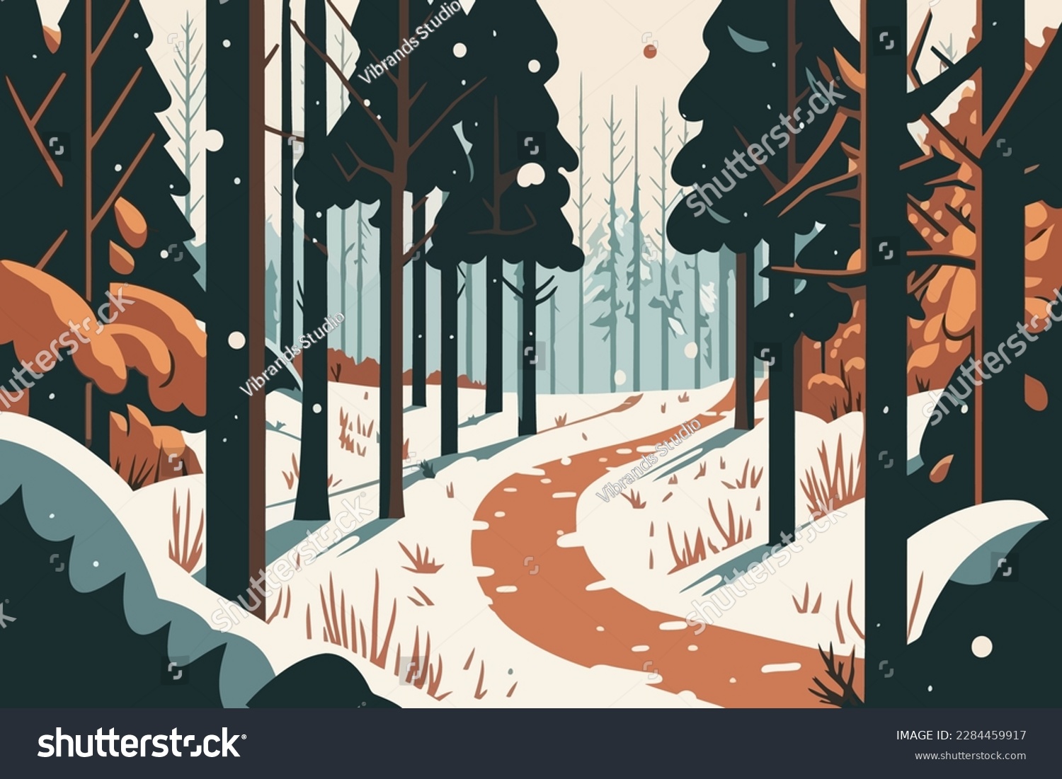Winter forest landscape with road and trees. Vector illustration in flat style. A forest with a snow covered trail 