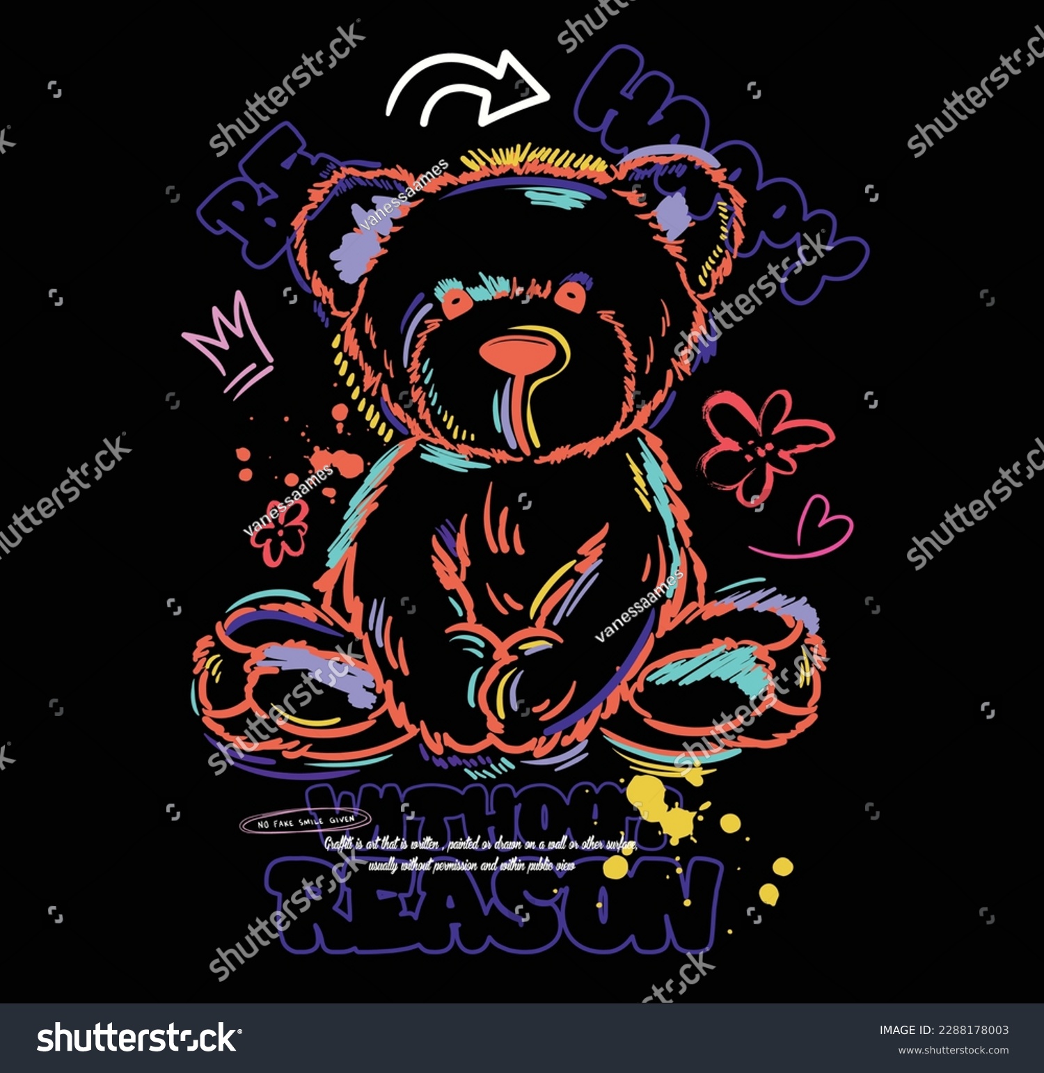 Teddy bear illustration in graffiti style with a slogan