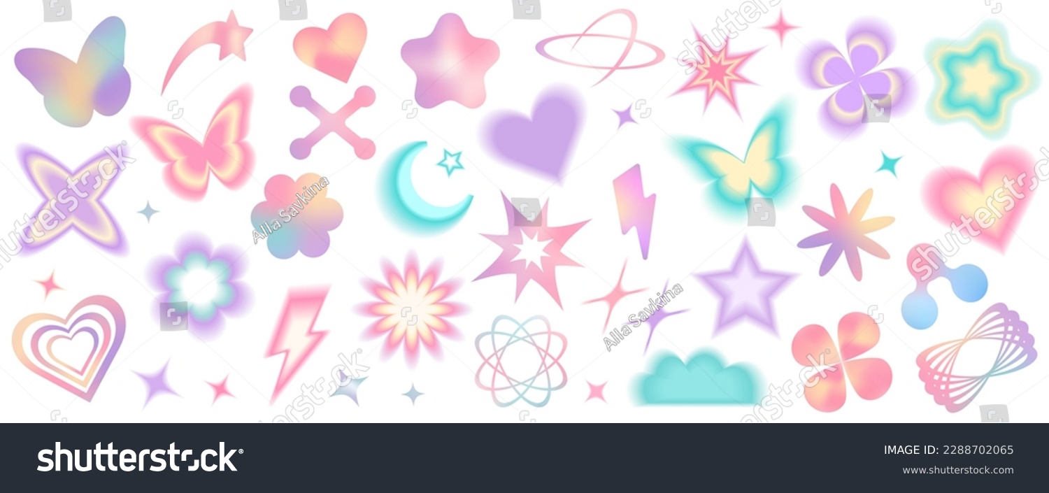 Set of mesh blurred unfocused gradient stickers in pastel colors. Abstract geometric shapes in trendy y2k retro style. 
