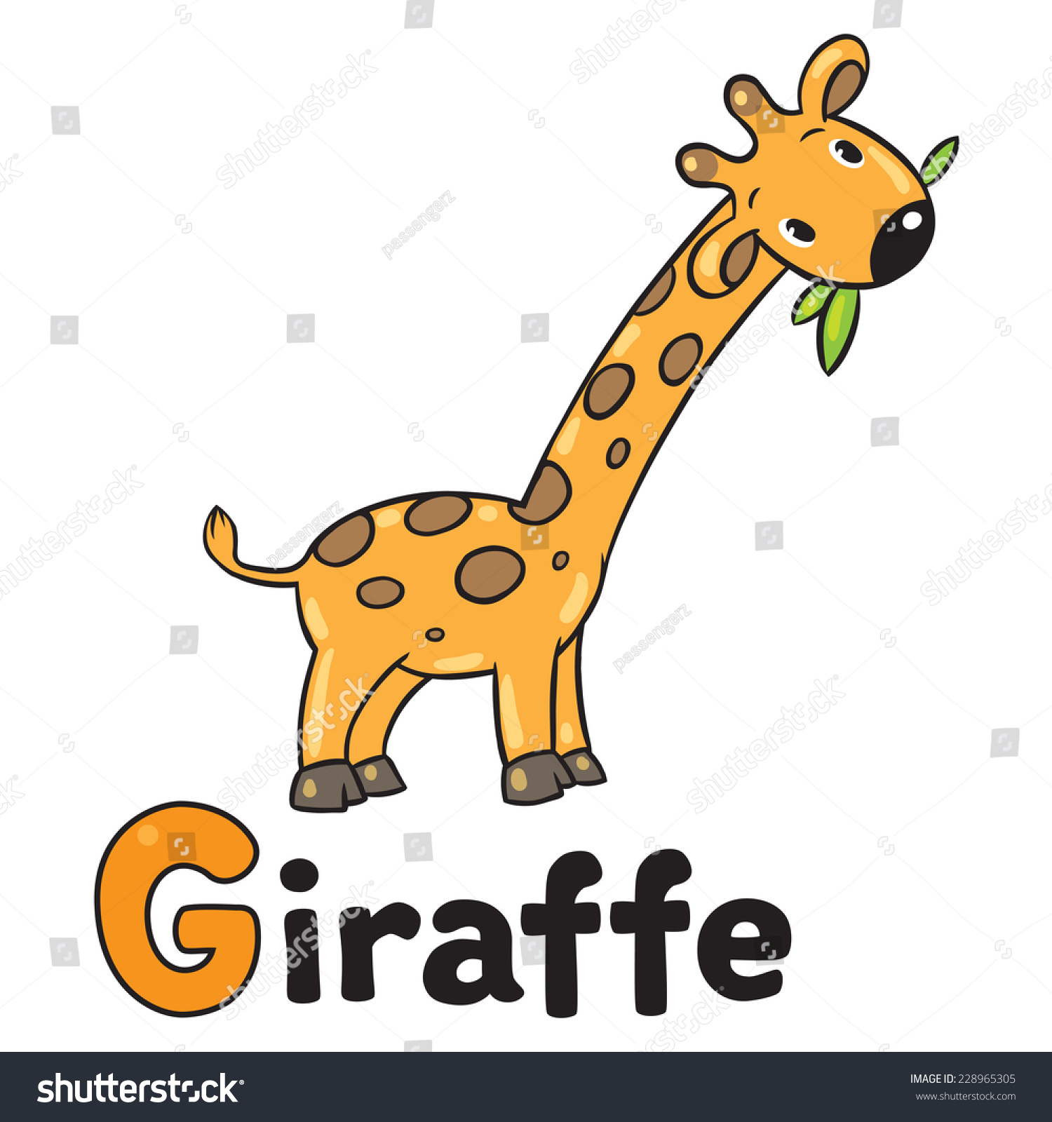 Children vector illustration of little funny giraffe eating green leafs. Alphabet A