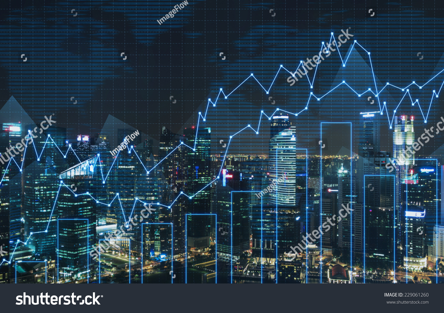 Forex graph and an amazing night view of the business city centre. A metaphor of international financial consulting.