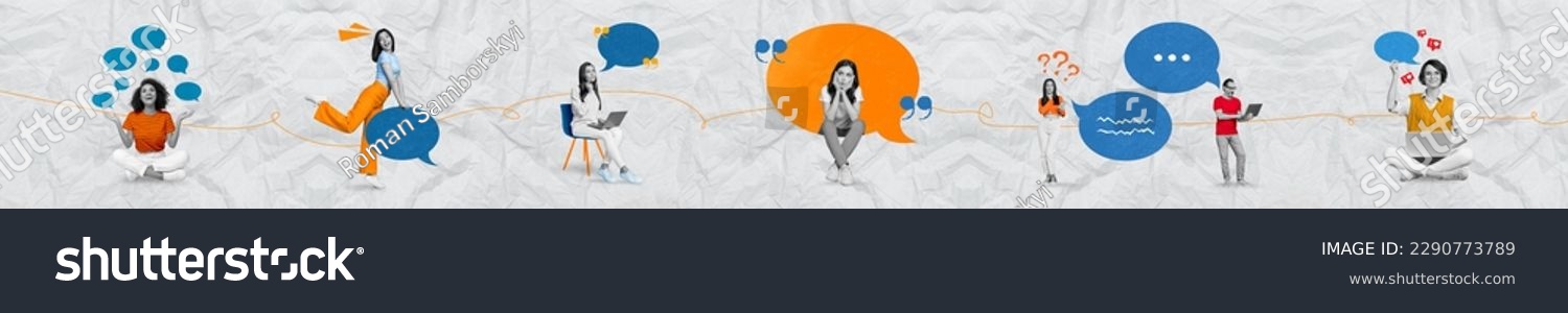 Panorama multiple collage collection of young girls communicating messages incoming boyfriend man texting sms phrase isolated on gray background