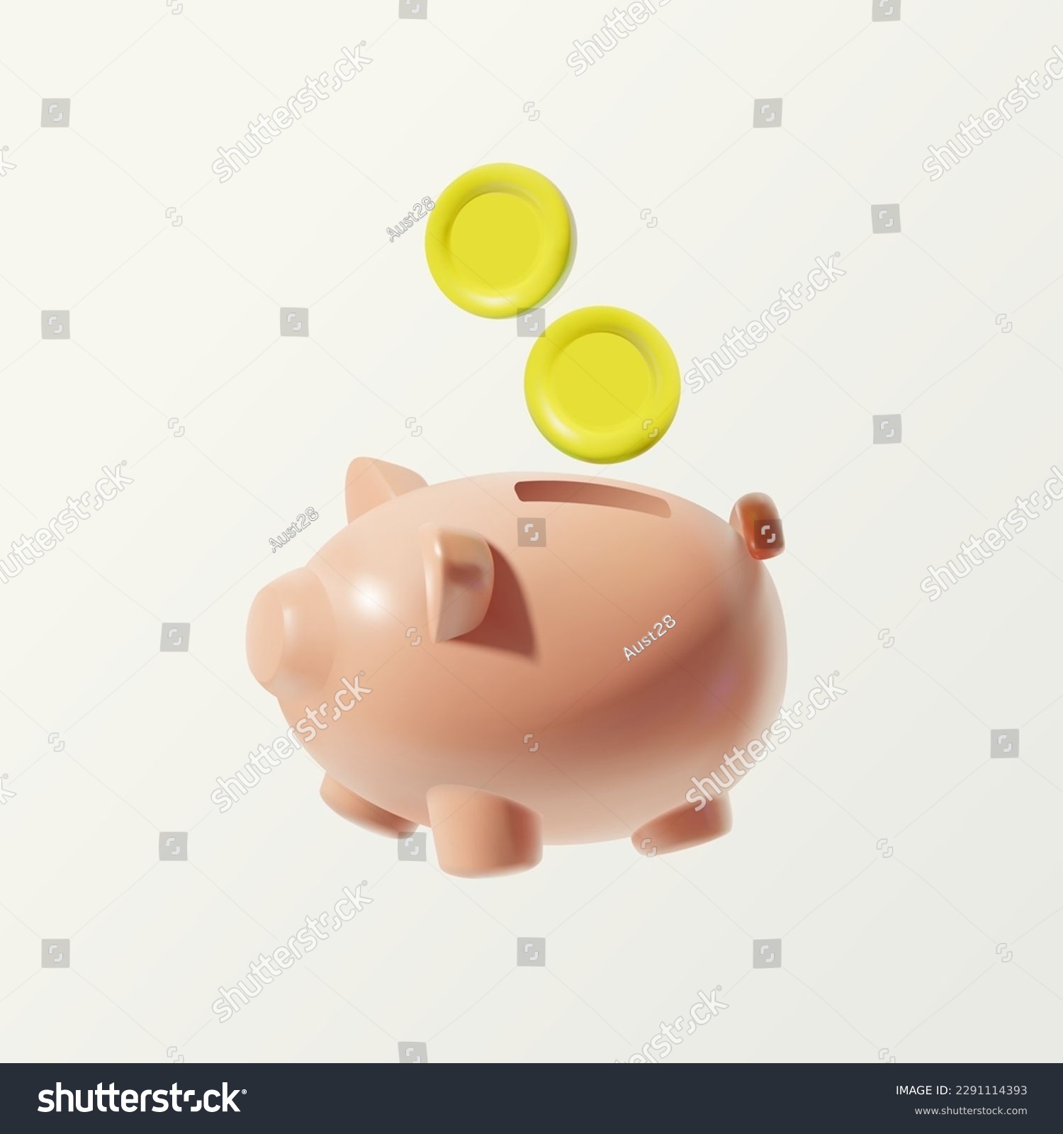 3D piggy bank with coin isolated on white background.